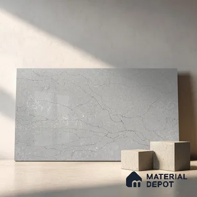 Belina Quartz QR 00009 Calacatta Silver Mist Viola Series 10.75 ft x 5.42 ft Quartz - 20 mm | 7 Years Warranty | Suitable for Kitchen, Restaurant, Counter Tops, Dining, Reception, office