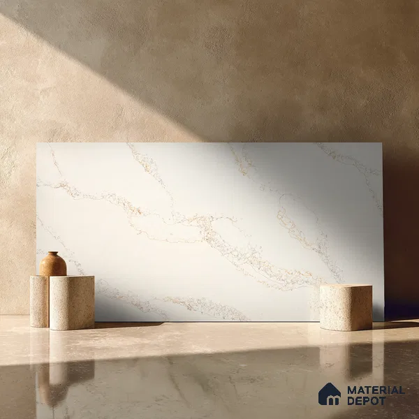 Belina Quartz QR 00006 Calacatta Whisper Viola Series 10.75 ft x 5.42 ft Quartz - 20 mm | 7 Years Warranty | Suitable for Kitchen, Restaurant, Counter Tops, Dining, Reception, office