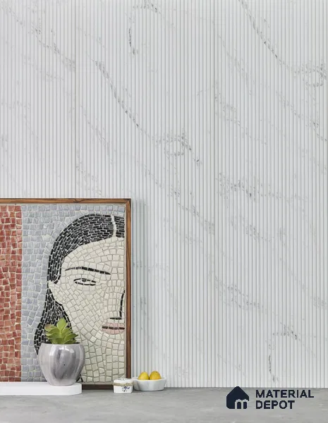 Snow White Marble Louver PN 01627 F 8 ft x 12 inch Charcoal Panel - 8 mm | Suitable for Feature Wall, TV Unit & Living Room | Width is Subjected to 5% Variation