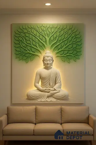3D Wall Relief Buddha Sculpture 4 ft x 4 ft Duco Paintable CNC Made HDHMR - 25 mm