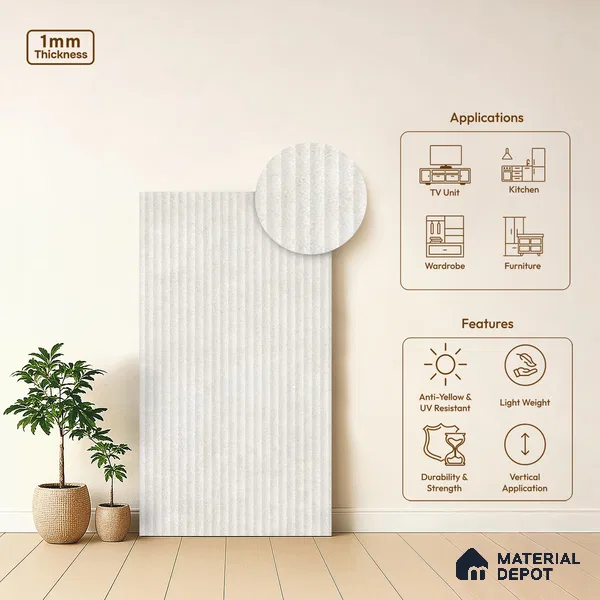 Fluted Solid Color Look LM 01199 Tokyo Stellar 8 ft x 4 ft Texture Finish Laminates - 1 mm  | Suitable for TV Unit, Wardrobe, Kitchen Cabinets