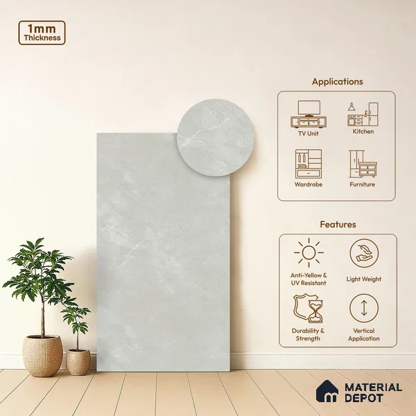 LM 01201 Iceland Grey 8 ft x 4 ft Texture Finish Laminates - 1 mm | Suitable for TV Unit, Wardrobe, Kitchen Cabinets