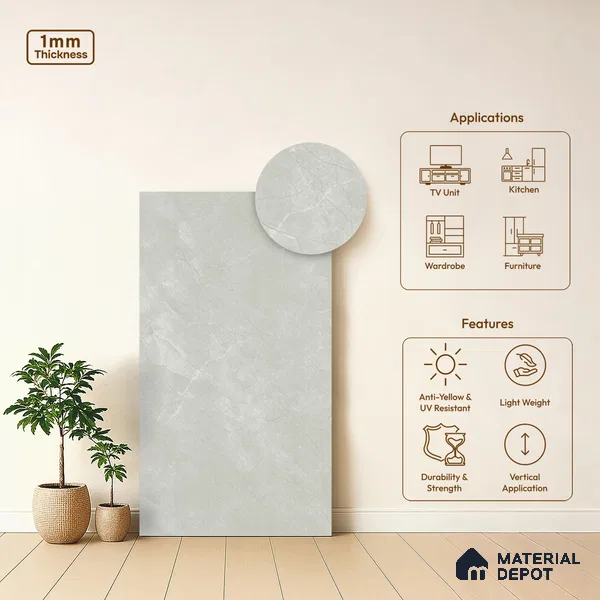 LM 01202 Iceland Grey 8 ft x 4 ft Super Matte Finish Laminates - 1 mm  | Suitable for TV Unit, Wardrobe, Kitchen Cabinets
