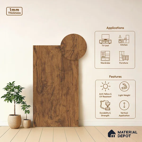 Wooden Look LM 01205 Toasted Timber 8 ft x 4 ft Texture Finish Laminates - 1 mm  | Suitable for TV Unit, Wardrobe, Kitchen Cabinets
