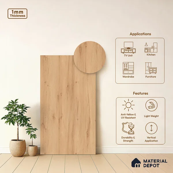 Wooden Look LM 01378 Ivory Glow 8 ft x 4 ft Texture Finish Decorative Laminate - 1 mm | Suitable for TV Unit, Wardrobe, Kitchen Cabinets
