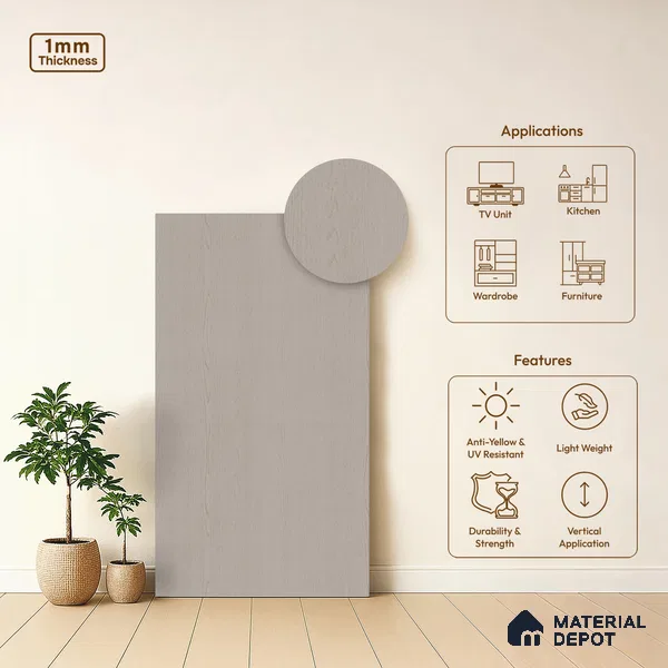 Wooden Look LM 01389 Gentle Grey 8 ft x 4 ft Texture Finish Decorative Laminate - 1 mm  | Suitable for TV Unit, Wardrobe, Kitchen Cabinets