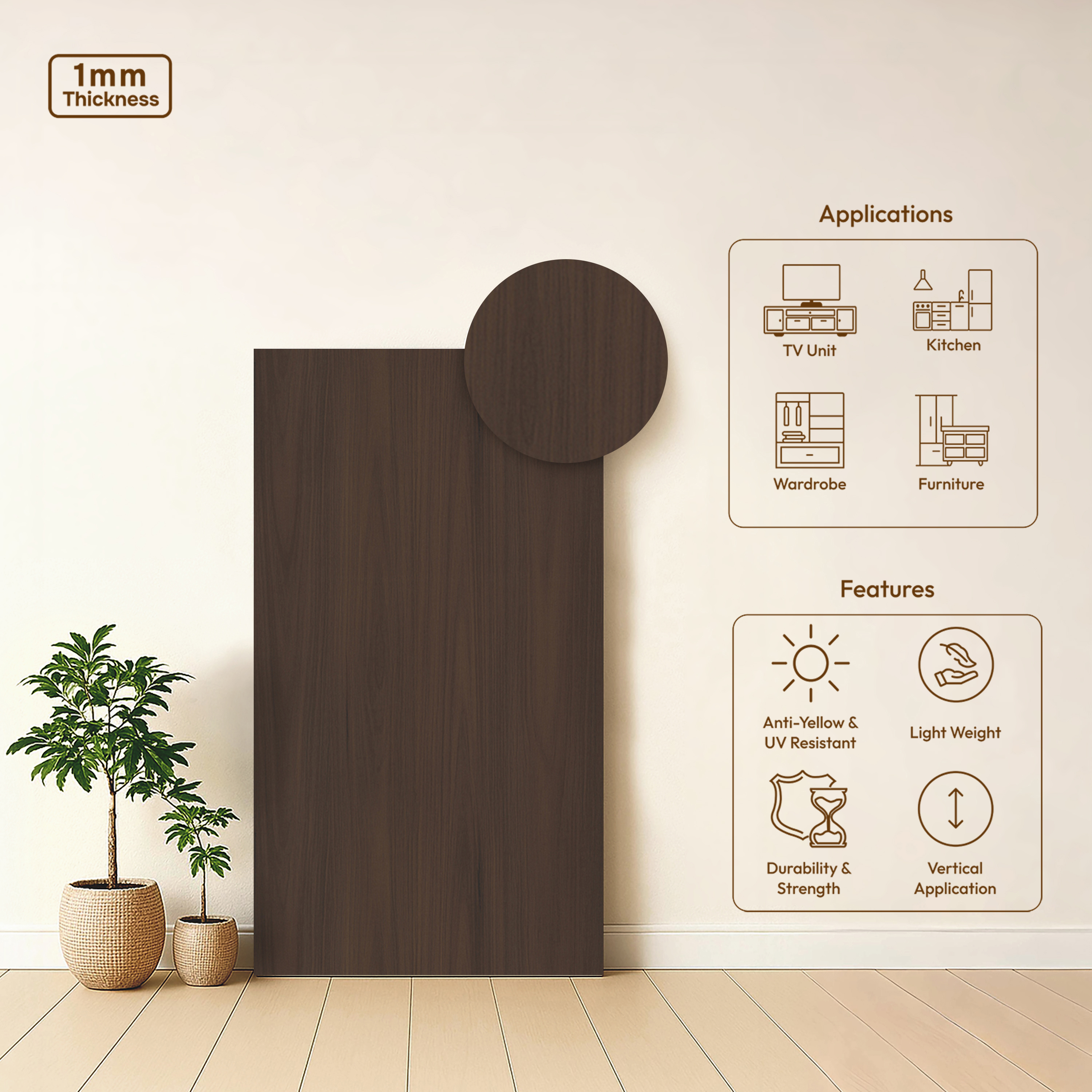 Wooden Look LM 01409 Espresso Charm 8 ft x 4 ft PU Finish Decorative Laminate - 1 mm  | Suitable for TV Unit, Wardrobe, Kitchen Cabinets