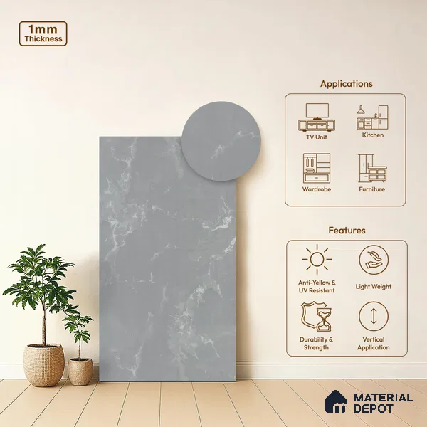 LM 01443 Tokyo Grey 8 ft x 4 ft Super Matte Finish Decorative Laminate - 1 mm | Suitable for TV Unit, Wardrobe, Kitchen Cabinets