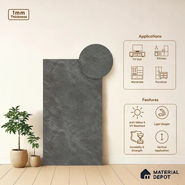 LM 01445 Iceland Dark Grey 8 ft x 4 ft Super Matte Finish Decorative Laminate - 1 mm  | Suitable for TV Unit, Wardrobe, Kitchen Cabinets