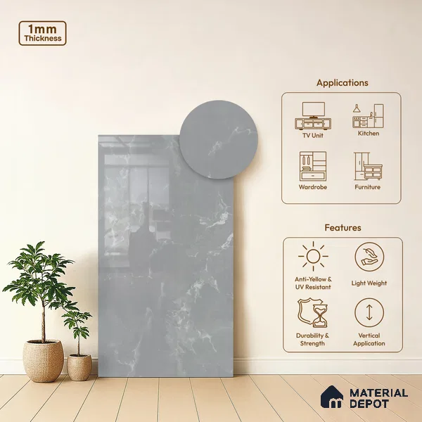 LM 01462 Tokyo Grey 8 ft x 4 ft High Gloss Finish Decorative Laminate - 1 mm  | Suitable for TV Unit, Wardrobe, Kitchen Cabinets