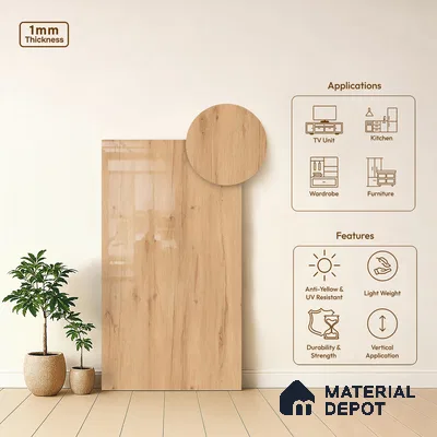 Wooden Look LM 01467 Ivory Glow 8 ft x 4 ft High Gloss Finish Decorative Laminate - 1 mm  | Suitable for TV Unit, Wardrobe, Kitchen Cabinets