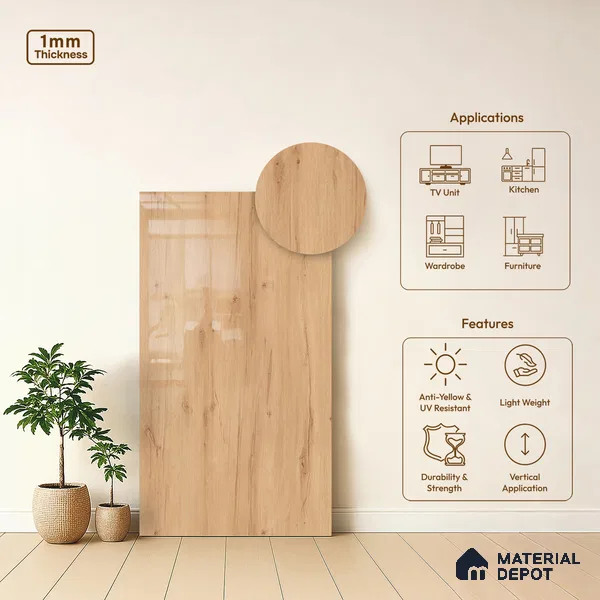 Wooden Look LM 01467 Ivory Glow 8 ft x 4 ft High Gloss Finish Decorative Laminate - 1 mm  | Suitable for TV Unit, Wardrobe, Kitchen Cabinets