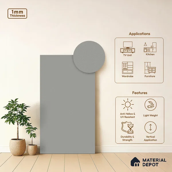 LM 01504 Light Grey 8 ft x 4 ft Suede Finish Decorative Laminate - 1 mm | Suitable for Living Room, Kitchen, Office