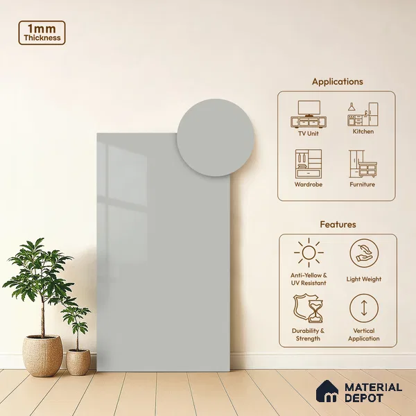 LM 01520 Dust 8 ft x 4 ft High Gloss Finish Decorative Laminate - 1 mm  | Suitable for Living Room, Kitchen, Office