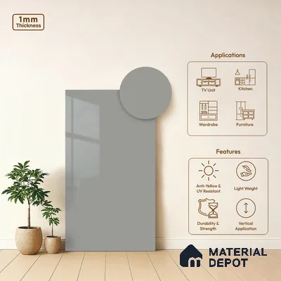 LM 01521 Light Grey 8 ft x 4 ft High Gloss Finish Decorative Laminate - 1 mm  | Suitable for Living Room, Kitchen, Office