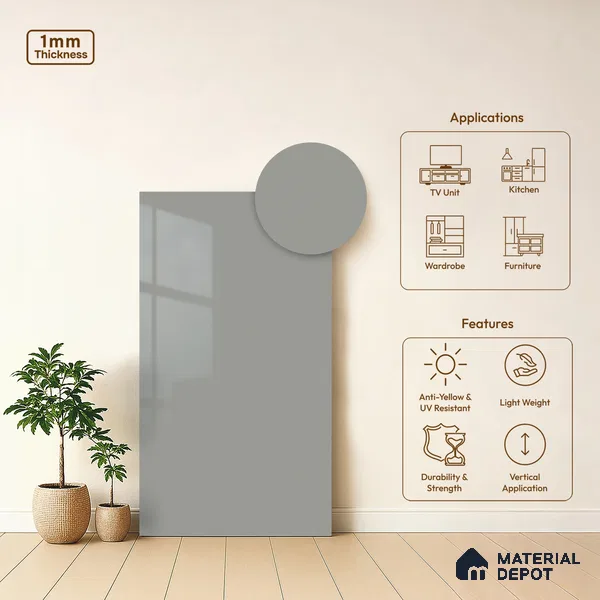 LM 01521 Light Grey 8 ft x 4 ft High Gloss Finish Decorative Laminate - 1 mm  | Suitable for Living Room, Kitchen, Office