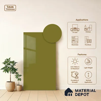 LM 01530 Olive 8 ft x 4 ft High Gloss Finish Decorative Laminate - 1 mm  | Suitable for Living Room, Kitchen, Office