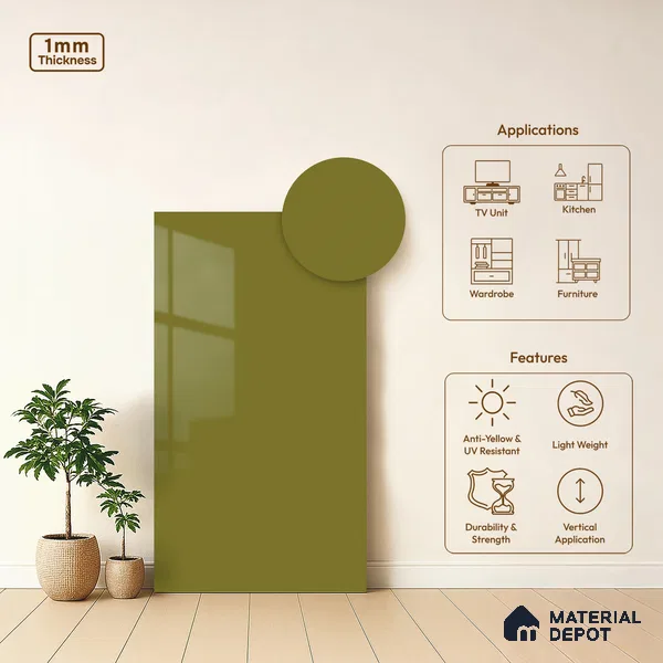 LM 01530 Olive 8 ft x 4 ft High Gloss Finish Decorative Laminate - 1 mm  | Suitable for Living Room, Kitchen, Office