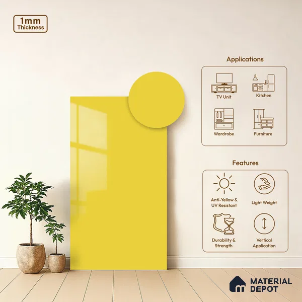 LM 01531 Lime Yellow 8 ft x 4 ft High Gloss Finish Decorative Laminate - 1 mm | Suitable for Living Room, Kitchen, Office