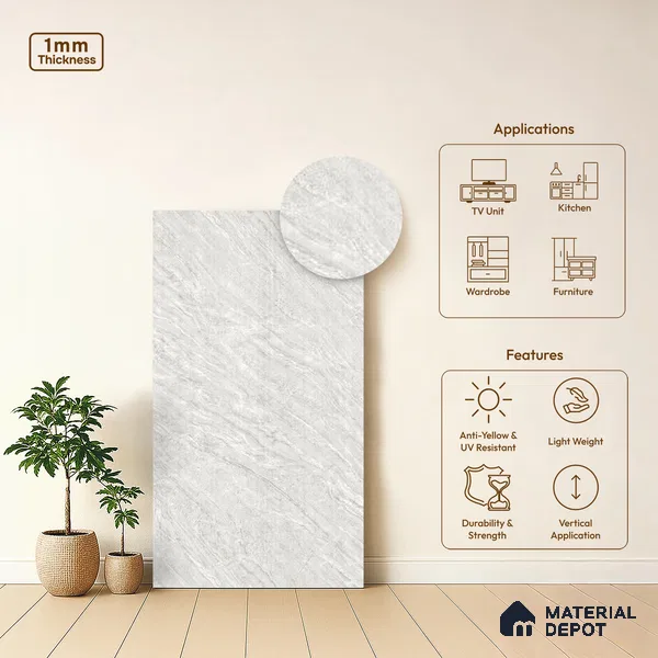 Grey Marble Look LM 18810 8 ft x 4 ft Texture Finish Decorative Laminate - 1 mm | Suitable for TV Unit, Wardrobe, Kitchen Cabinets