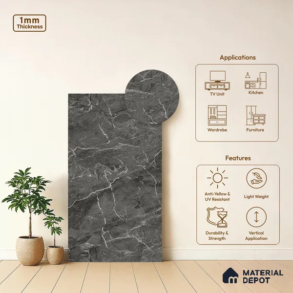 Grey Marble Look LM 18811 8 ft x 4 ft Texture Finish Decorative Laminate - 1 mm | Suitable for TV Unit, Wardrobe, Kitchen Cabinets