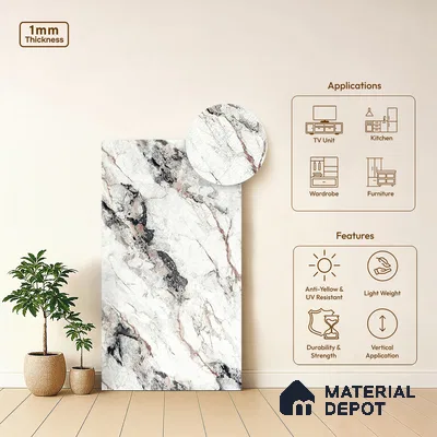White Marble Look LM 18819 8 ft x 4 ft Texture Finish Decorative Laminate - 1 mm | Suitable for TV Unit, Wardrobe, Kitchen Cabinets