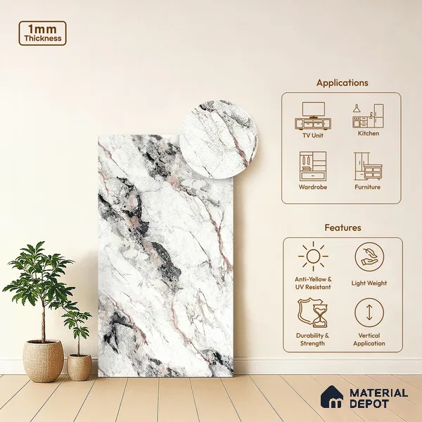 White Marble Look LM 18819 8 ft x 4 ft Texture Finish Decorative Laminate - 1 mm | Suitable for TV Unit, Wardrobe, Kitchen Cabinets