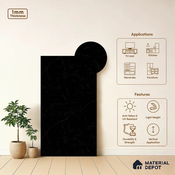 Black Pearl Fluted Solid Color Look LM 19187 Pearl Marble 8 ft x 4 ft Texture Finish Decorative Laminate - 1 mm | Suitable for TV Unit, Wardrobe, Kitchen Cabinets