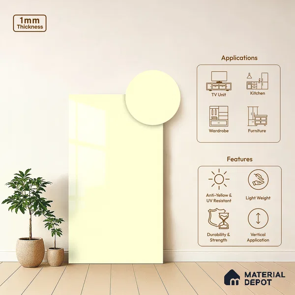 Metallic Look LM 19193 Metallic White 8 ft x 4 ft Glossy Finish Decorative Laminate - 1 mm | Suitable for TV Unit, Wardrobe, Kitchen Cabinets