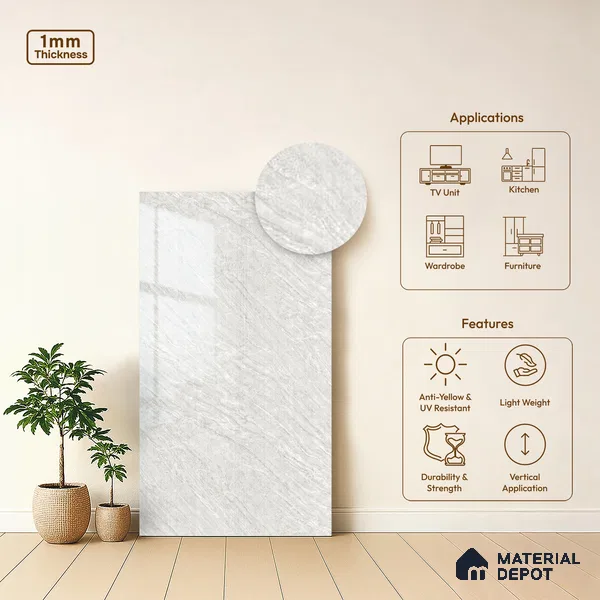 Marble Look LM 19201 Volkas Marble 8 ft x 4 ft Glossy Finish Decorative Laminate - 1 mm | Suitable for TV Unit, Wardrobe, Kitchen Cabinets