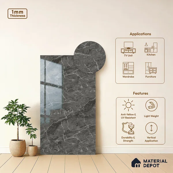 Marble Look LM 19203 William Grey Marble 8 ft x 4 ft Glossy Finish Decorative Laminate - 1 mm | Suitable for TV Unit, Wardrobe, Kitchen Cabinets