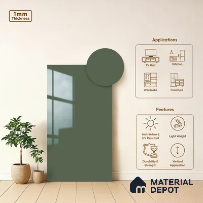 Solid Colors Look LM 19205 Fossile Green 8 ft x 4 ft Glossy Finish Decorative Laminate - 1 mm | Suitable for Living Room, Kitchen, Office