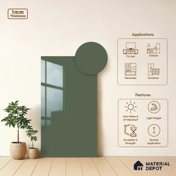 Solid Colors Look LM 19205 Fossile Green 8 ft x 4 ft Glossy Finish Decorative Laminate - 1 mm | Suitable for Living Room, Kitchen, Office