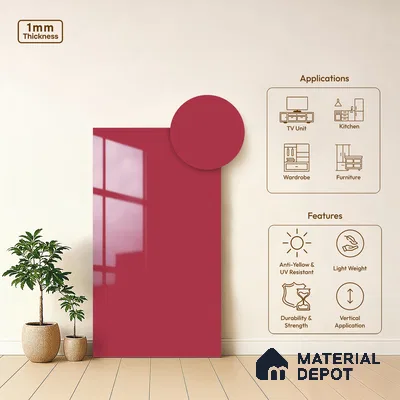 Solid Colors Look LM 19207 Raspberry 8 ft x 4 ft Glossy Finish Decorative Laminate - 1 mm | Suitable for Living Room, Kitchen, Office