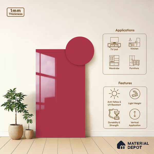 Solid Colors Look LM 19207 Raspberry 8 ft x 4 ft Glossy Finish Decorative Laminate - 1 mm | Suitable for Living Room, Kitchen, Office