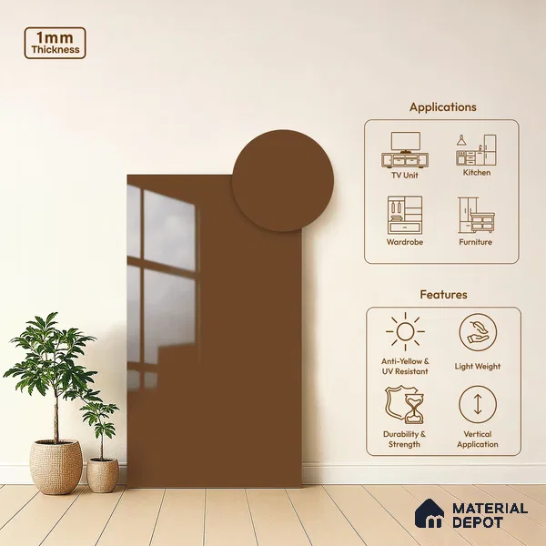 Solid Colors Look LM 19215 Chestnut 8 ft x 4 ft Glossy Finish Decorative Laminate - 1 mm | Suitable for Living Room, Kitchen, Office