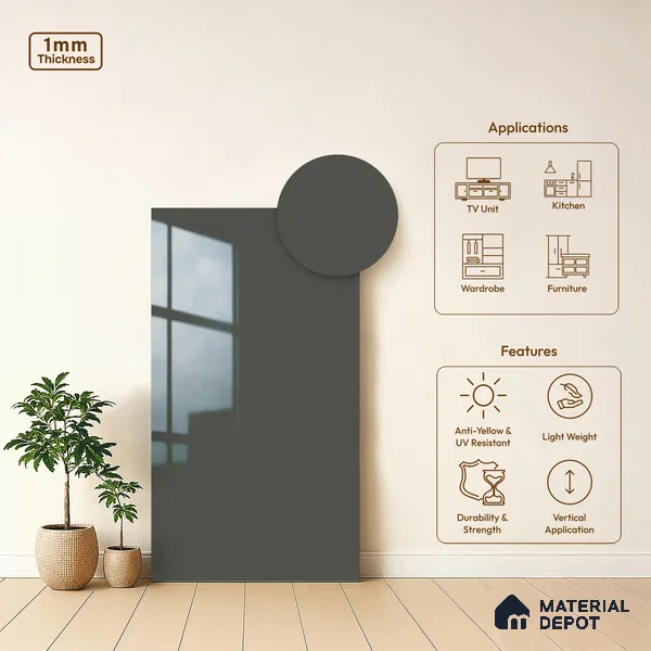 Solid Colors Look LM 19216 Stone Grey 8 ft x 4 ft Glossy Finish Decorative Laminate - 1 mm | Suitable for Living Room, Kitchen, Office
