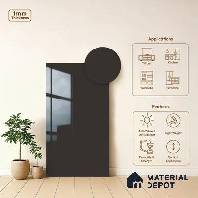 Solid Colors Look LM 19217 Dark Grey 8 ft x 4 ft Glossy Finish Decorative Laminate - 1 mm | Suitable for Living Room, Kitchen, Office