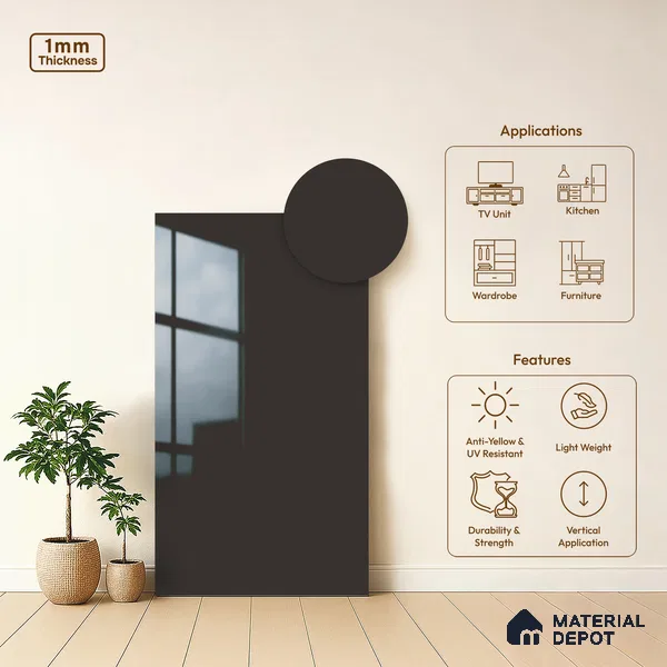 Solid Colors Look LM 19217 Dark Grey 8 ft x 4 ft Glossy Finish Decorative Laminate - 1 mm | Suitable for Living Room, Kitchen, Office