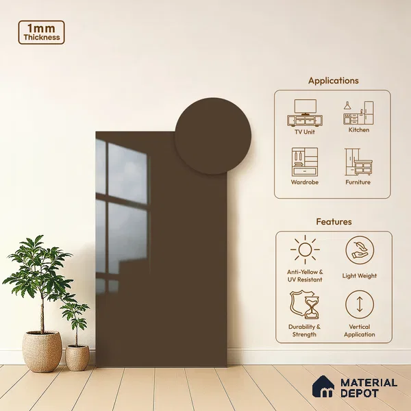 Solid Colors Look LM 19218 Brown Haze 8 ft x 4 ft Glossy Finish Decorative Laminate - 1 mm | Suitable for Living Room, Kitchen, Office
