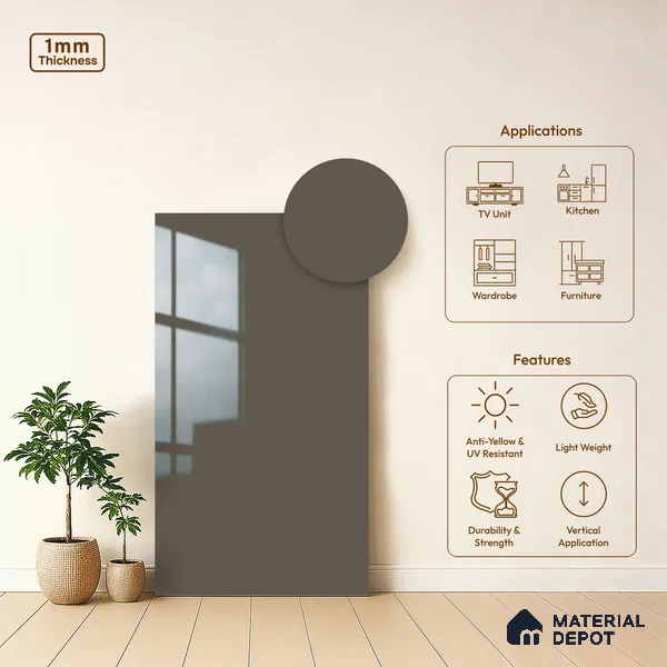 Solid Colors Look LM 19221 Coffee Foam 8 ft x 4 ft Glossy Finish Decorative Laminate - 1 mm | Suitable for Living Room, Kitchen, Office