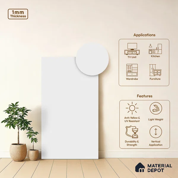 Solid Colors Look LM 19224 Super White 8 ft x 4 ft Matte Finish Decorative Laminate - 1 mm | Suitable for Living Room, Kitchen, Office