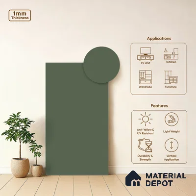 Solid Colors Look LM 19237 Fossile Green 8 ft x 4 ft Matte Finish Decorative Laminate - 1 mm | Suitable for Living Room, Kitchen, Office