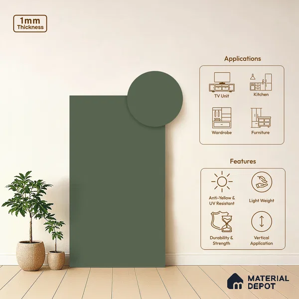 Solid Colors Look LM 19237 Fossile Green 8 ft x 4 ft Matte Finish Decorative Laminate - 1 mm | Suitable for Living Room, Kitchen, Office