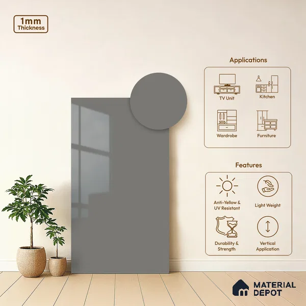 Solid Colors Look LM 19248 Light Grey 8 ft x 4 ft Glossy Finish Decorative Laminate - 1 mm | Suitable for Living Room, Kitchen, Office