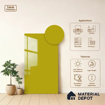 Solid Colors Look LM 19250 Mustard Yellow 8 ft x 4 ft Glossy Finish Decorative Laminate - 1 mm | Suitable for Living Room, Kitchen, Office