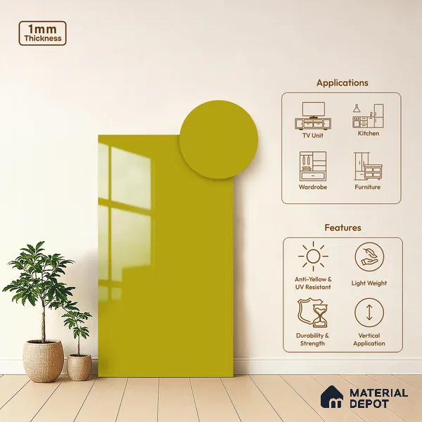 Solid Colors Look LM 19250 Mustard Yellow 8 ft x 4 ft Glossy Finish Decorative Laminate - 1 mm | Suitable for Living Room, Kitchen, Office
