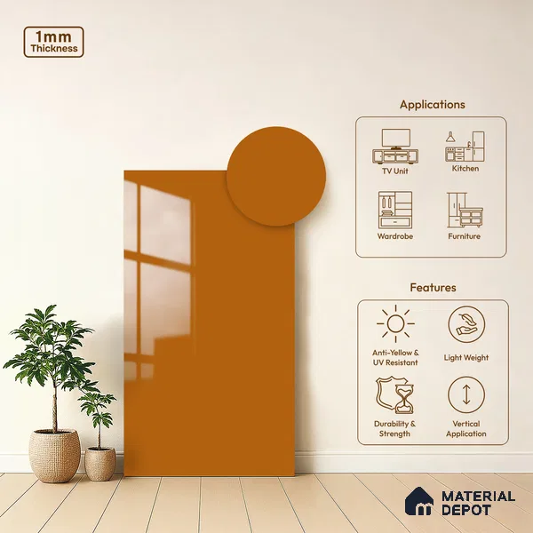 Solid Colors Look LM 19251 Nagpur Orange 8 ft x 4 ft Glossy Finish Decorative Laminate - 1 mm | Suitable for Living Room, Kitchen, Office