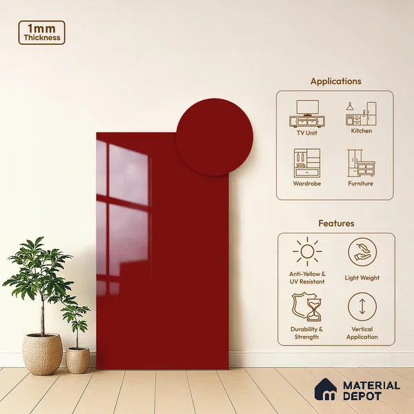 Solid Colors Look LM 19252 Bright Red 8 ft x 4 ft Glossy Finish Decorative Laminate - 1 mm | Suitable for Living Room, Kitchen, Office