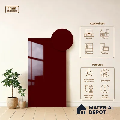 Solid Colors Look LM 19253 Burgundy 8 ft x 4 ft Glossy Finish Decorative Laminate - 1 mm | Suitable for Living Room, Kitchen, Office